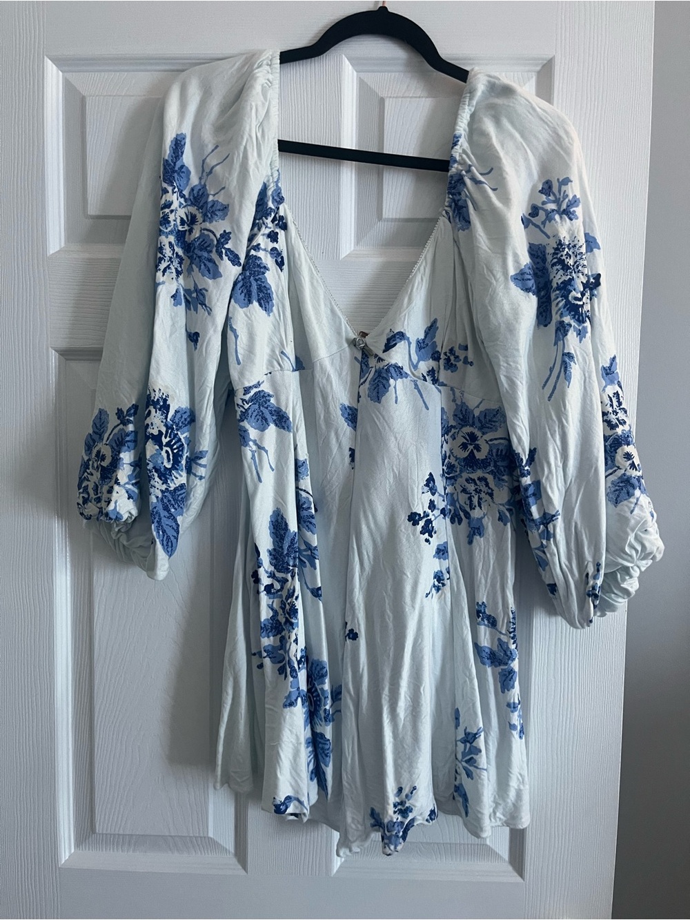 Free People Blue Floral Puff-Sleeve Womens Dress